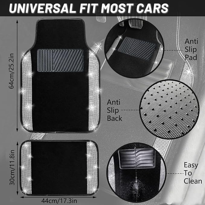 NBTEPEM 12 Pcs Bling Car Accessories Set for Women Car Floor Mats Full Set Steering Wheel Cover Seat Belt Covers Coasters Universal Fit Car SUV Truck Van Silver