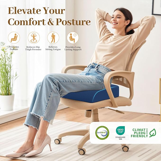 TranquilRelax XLarge Seat Cushion, Memory Foam Cushion for Long Sitting Hours on Office Chair, Home & Car, Non-Slip Chair Pad for Relieving Back & Sciatica & Hip & Coccyx Pain (Blue)