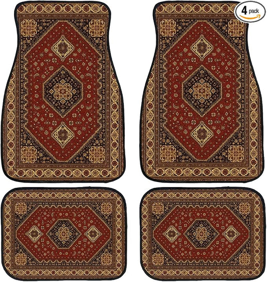 Carpet Car Floor Mats Set of 4 Red Brown Geometric Rug Automotive Foot Mats Rugs Carpet for Car Non-Slip Auto Car Accessories Universal Fit for Car SUV Truck Van