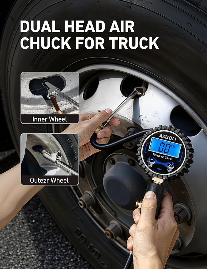 AstroAI Digital Tire Pressure Gauge with Inflator, 3-250 PSI-Inflate, Deflate & Read with ±1% Precision, Backlit LCD for Day or Night, Heavy-Duty Air Chuck, for Cars, Motorcycles, & More, with Case