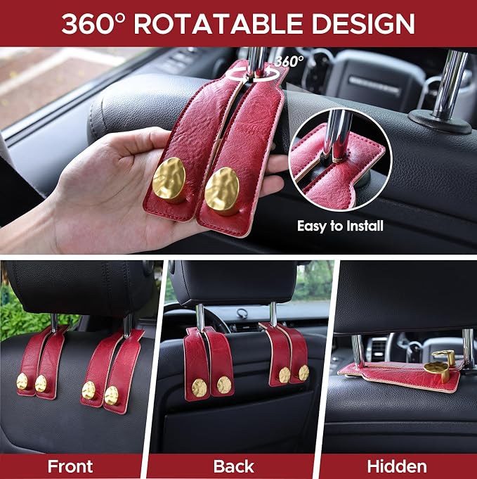 Leather Car Purse Hook for Headrest, 2 Pack (Red-Gold) | Twin Hooks Headrest Hangers, 2/4 Pack, No-Slip, Scratch-Proof, Holds Purses, Backpacks, Grocery Bags, Car Organizer Gift