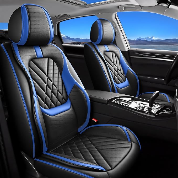 Fit Versa Car Seat Covers Compatible with Nissan Versa 2009-2025 2026-Premium Leather,Waterproof,Breathable,Airbag Compatible &All-Weather Seat Cushion Protecto(Full Set,Blue)