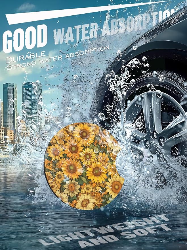Car Cup Coasters,2 Pack Car Coaster,2.75inch Anti Slip and Absorbent Cars Coasters for Cup Holders,Neopren Accessories for Women,Cute Decor for Women (Sunflowers)