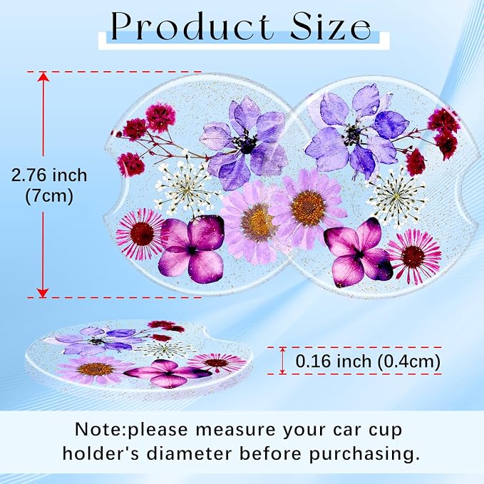 Swooflia Flower Car Cup Holder Coasters for Women - 2.75 Inch Cute Resin Clear Automotive Drink Cupholder Insert Car Accessories 2 Pack Pink Purple