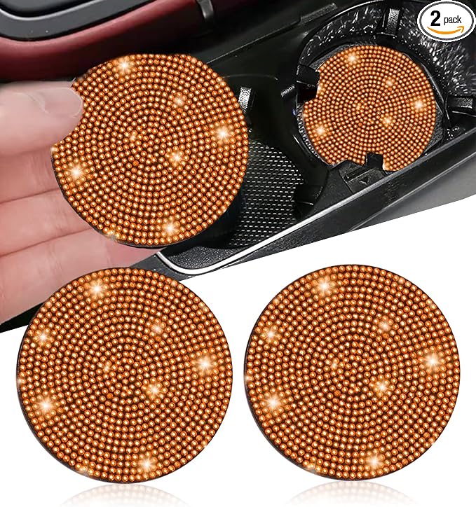 NBTEPEM 2pcs Bling Car Cup Holder Coaster, 2.75 inch Anti-Slip Shockproof Universal Fashion Car Coasters Insert Bling Crystal Rhinestone Automotive Interior Accessories for Women (2 pcs, Orange)