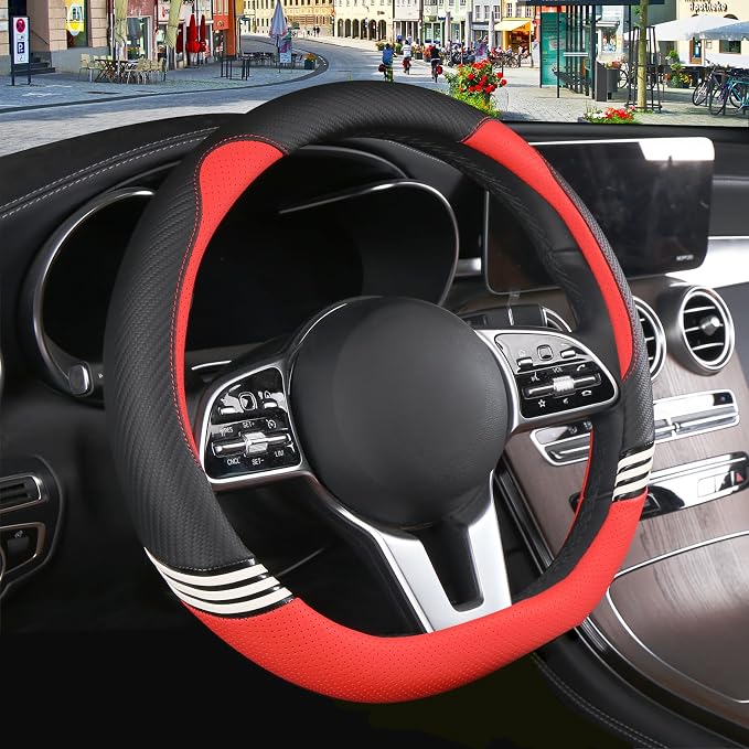 15 inch Cute Leather D Shape Steering Wheel Cover Black Red | Breathable Faux Leather and Carbon Fiber Flat Bottom Car Accessories for Women Men Universal 14.5 inch to 15 inch