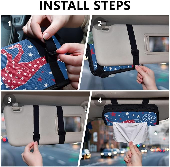 Car Visor Tissue Holder Mask Holder for Car, Car Tissue Box Sun Visor Napkin Holder Car Visor Accessories Adjustable Straps Reusable Durable Easy to Install July 4th T-rex and Us Flag Stars