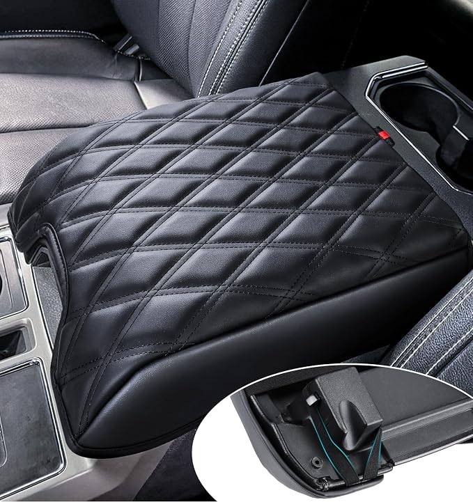 Sinvanho Center Console Cover Compatible with Ford F150 2015-2020, F250 F350 F450 2017-2022, Expedition 2018-2024, PU Leather Armrest Box Cover, Truck Interior Accessories, Anti-Scratch Protector