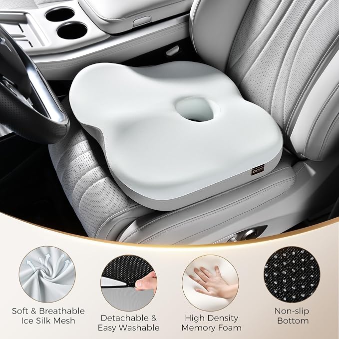 Coverado Seat Cushion for Car Truck Driver, Ergonomic Memory Foam Chair Cushions for Sciatica & Tailbone Pain Relief Cushion Butt Cushion for Long Sitting, Driver Office Seat Cushion Gray&Light Gray
