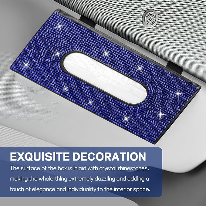 Bling Car Tissue Holder for Sun Visor, Crystal Rhinestone Visor Tissue Box, Leather Vehicle Paper Towel Case, Sparkling Auto Napkin Holder for Women, Car Accessories Decoration (Blue)