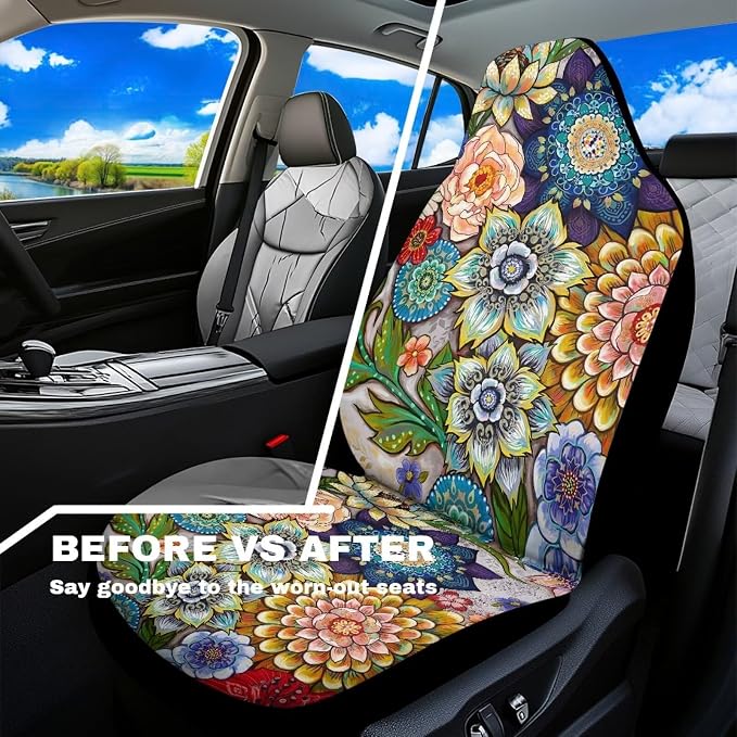Boho Floral Front Car Seat Covers Set of 2 for Women, Universal Fit Bucket Seat Protectors for Cars, SUVs, Sedans and Trucks, Soft Breathable Polyester, Front Seats Only