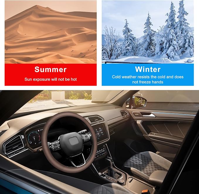 Car Steering Wheel Cover, 15" Breathable Leather Auto Wheel Protector with Comfortable Grip, Non-Slip Perforated Steering Wheel Protective Cover for SUV Truck Sedan Van (Brown)