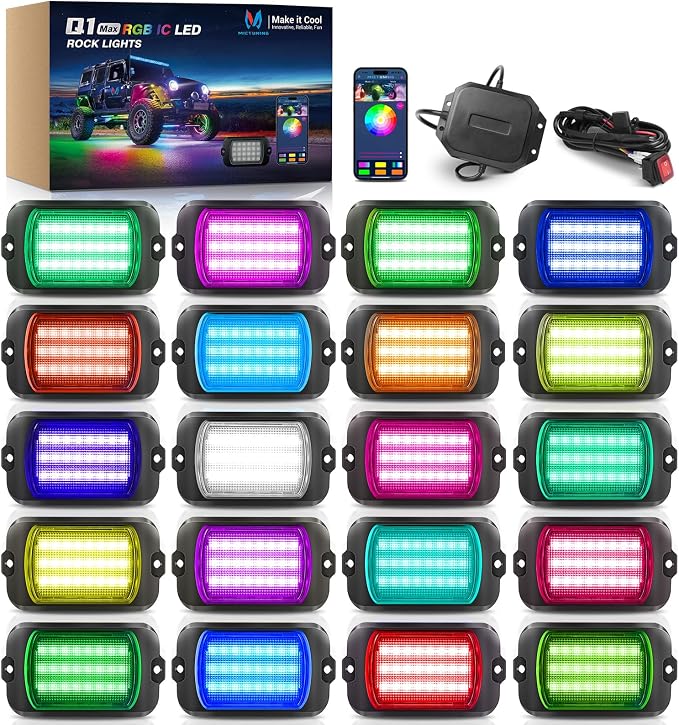MICTUNING Q1 MAX RGB+IC Chasing Color Ultra-Bright Rock Lights 20 Pods Kits | 1000% Brighter 24 Light Chips Per Pod, Switch Wiring Kit, Aluminum Housing, IP68 Waterproof, Series/Parallel, Up to 24 Pods
