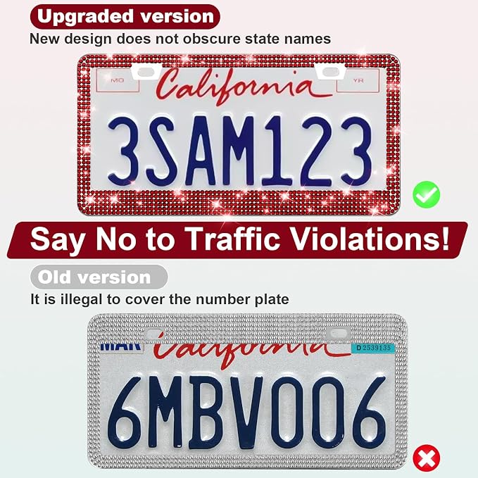 QUANQIUFEI 2 Pack Bling License Plate Frames for Women, Sparkly Rhinestone Diamond Car Accessories with Glitter Crystal Caps (Burgundy)