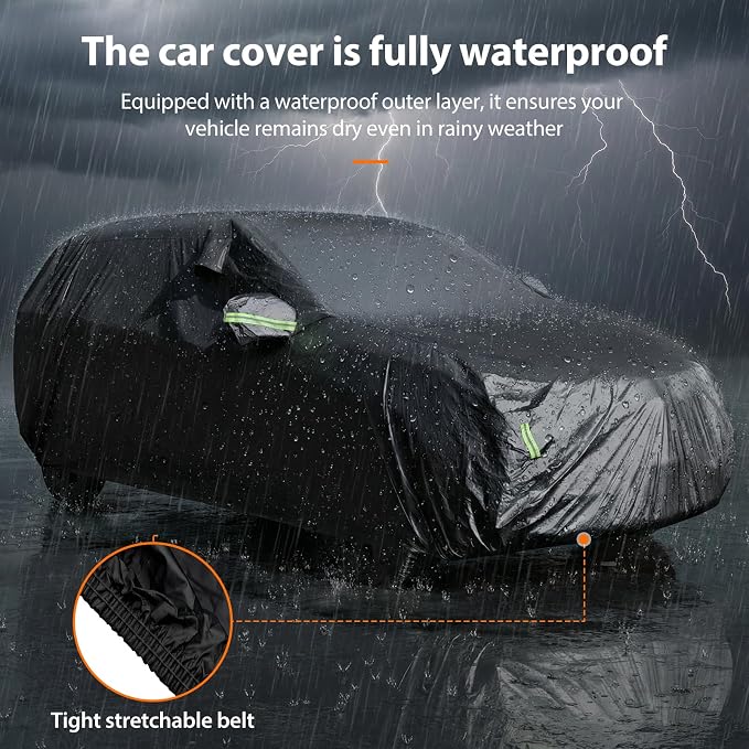 SUV Car Cover Waterproof All Weather, Full Exterior Outdoor Car Cover Up to 187 in with Door Zipper, Windproof Straps, UV Rain Snow Dust Protection (Black)
