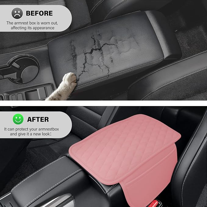 Amiss Car Center Console Cover, Upgraded Leather Car Armrest Cushion with 2 Storage Pockets, Universal Waterproof Cushion Pad, Non-Slip Car Interior Accessories, Fits Most Sedans SUVs Trucks (Pink)