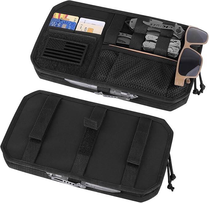 Car Sun Visor Organizer, Tactical Sunvisor Organizers Storage Covers for Trucks, Molle Panel with Pockets Zipper Visor Storage Pouch Accessories, Fits Most Vehicles, SUVs & Jeeps (BK)