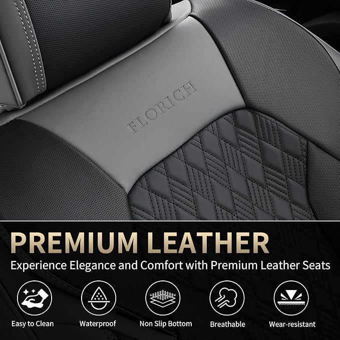 FLORICH Seat Covers, Car Seat Covers Full Set, Luxury Nappa Leather Seat Covers, Breathable and Waterproof Car Seat Protector 5 Seat, Automotive Seat Covers Universal Fit for Most Cars-Gray&Black