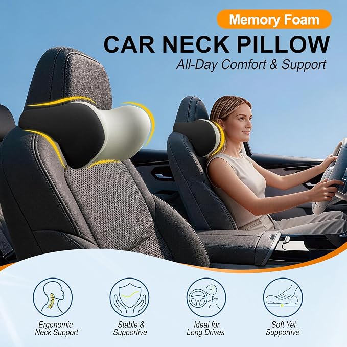 Allaboutsla 2-Pack Car Neck Pillow, Car Headrest Pillow for Neck Support | Memory Foam Car Neck Pillow for Driving with Neck Support, Adjustable Strap, Head Rest Pillow for Long Drives, Trucks, Beige
