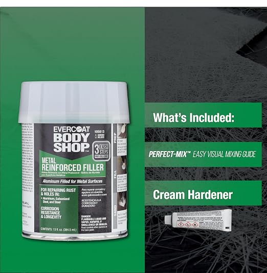 Evercoat Body Shop 105013 Metal Reinforced Filler for Repairing Rust and Holes in Aluminum & Galvanized Steel, Corrosion Resistance & Longevity, Easy Mix Hardener Included 13 Fl Oz.
