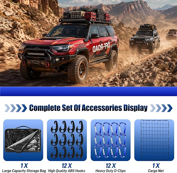 Funmit 4 x 6 Ft Cargo Net for Roof Basket and Pickup Bed, Nice Elasticity Stretches to 8 x 12 Ft with 24 Carabiners, Bungee Cargo Netting Design for Most Car Models