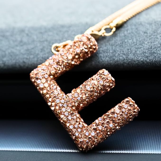 Bling Car Accessories for Women Letter Charm, Rainbow Crystal Rearview Mirror Pendant, Cute Diamond Rhinestone Car Decor, Lucky Gift for Women(E, Champagne Gold)