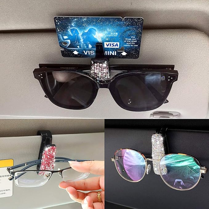 Moly Magnolia 2 PCS Glasses Holders for Car Sun Visor, Fashion Bling Crystal Rhinestones Car Eyeglasses Sunglasses Hanger Mount with Ticket Card Clip for Women Girls (Red)