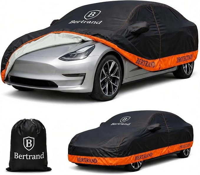 BERTRAND Heavy Duty Sedan Car Cover Waterproof All Weather - Snow, Rain & UV Outdoor Protection | Cotton-Lined, Up to 8-Point Anchoring + Door Zipper | Compact Sedans, Black-Orange (179x69, A1)