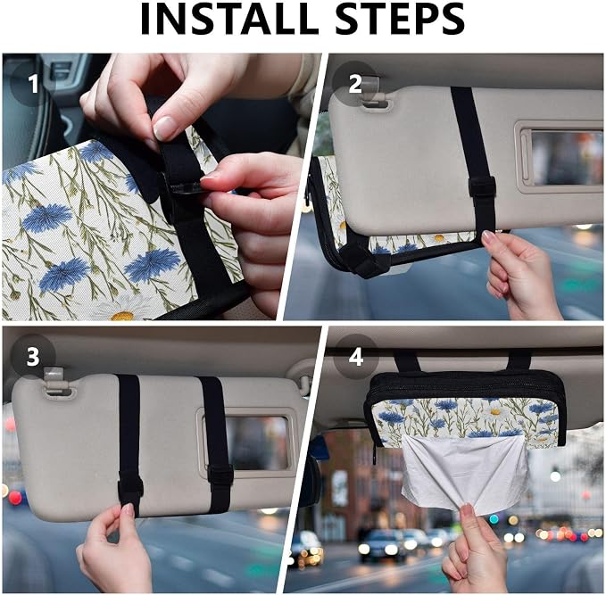 Car Tissue Holder Car Napkin Holder Tissue Box Dispenser Storage Case Sun Visor Mask Holder with Adjustable Straps Reusable Refillable Blue and White Daisy03