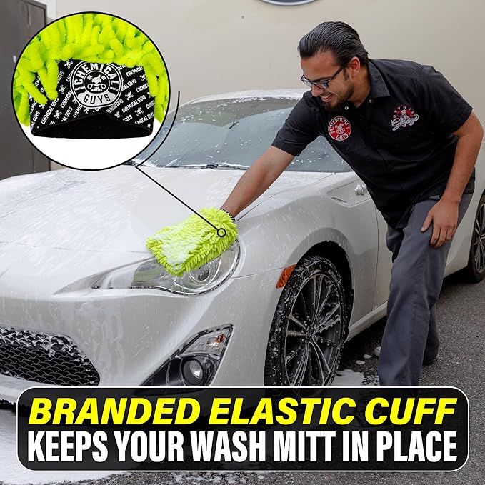 Chemical Guys, Chenille Microfiber Wash Mitt for Cars, Scratch-Free, 2 Pack | Ultra-soft lime green chenille holds thick suds and traps grit, gentle on paint, glass and chrome, machine washable
