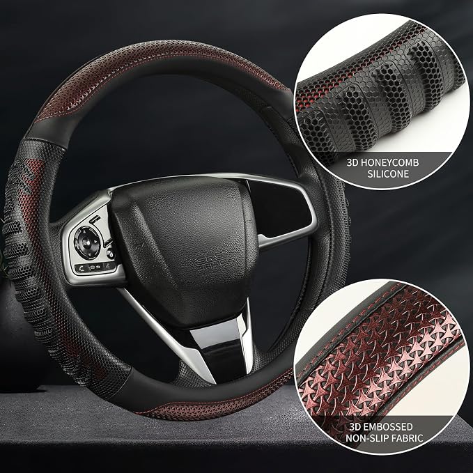 Anti-Slip Silicone Steering Wheel Cover Great Grip with 3D Honeycomb | Heavy-duty Microfiber Leather Sporty Design, Universal 14.5 inch - 15 inch, Black with Burgundy
