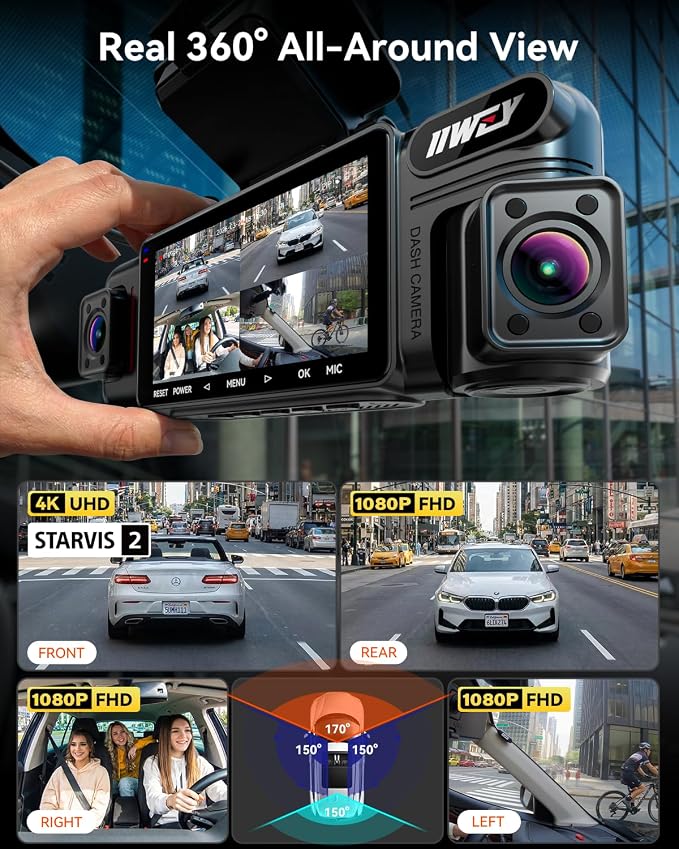 IIWEY N6 PRO STARVIS 2 4K 4-Channel Dash Cam, 360° All-Around View (4K+1080Px3), Front Rear and Dual Inside Car Camera, 5GHz WiFi, GPS, 8-IR Lamps Night Vision, Free 128GB Card, 24/7 Parking Mode