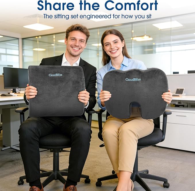 CloudBliss Lumbar Support Pillow & Seat Cushion Set for Office Chair, Desk Chair, Wheelchair & Car – Memory Foam Back Support, Ergonomic Chair Cushions, Sciatica Pain Relief, Home Essentials, Grey