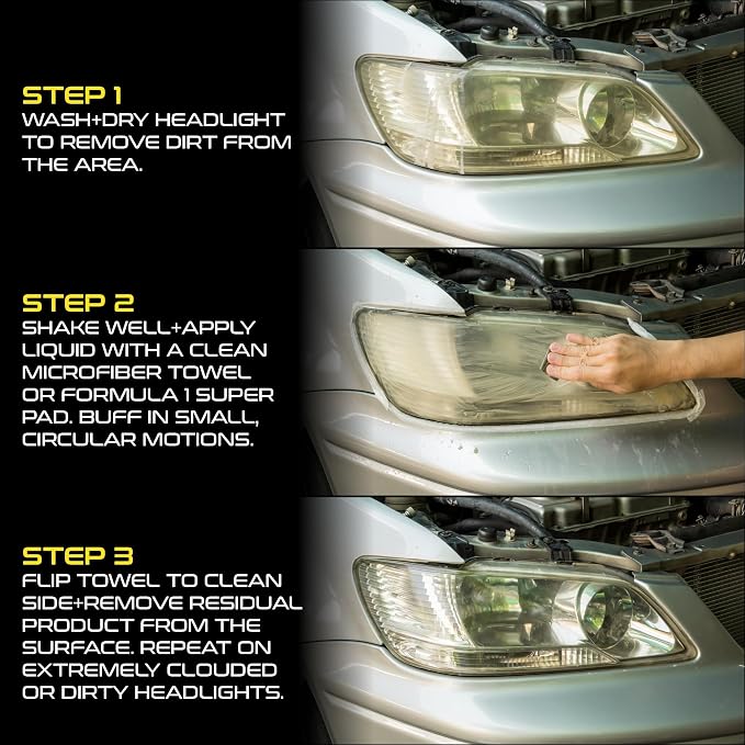 Formula 1 Headlight Restorer & Sealant – One Step Polish to Clean & Renew Yellowed Headlights, Windscreens, or Exterior Plastics (8 oz.)