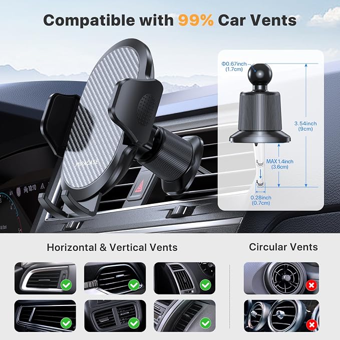 Miracase Phone Holders for Your Car with Metal Hook Clip, Air Vent Cell Phone Stand Car Mount, Universal Automobile Cradle for Garmin GPS Fit iPhone Android and All Smartphones, Carbon Fiber 2 Pack