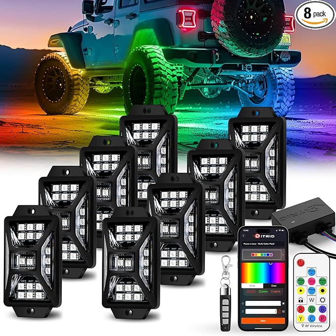 8 Pods Five Sided RGB Rock Lights for Trucks Jeep UTV SUV ATV Golf Cart, Multi Chasing Color App/Remote Control Led Rock Lights with Music Mode, Waterproof Exterior Underglow Kits for Cars(Patented)