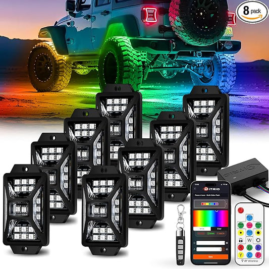 8 Pods Five Sided RGB Rock Lights for Trucks Jeep UTV SUV ATV Golf Cart, Multi Chasing Color App/Remote Control Led Rock Lights with Music Mode, Waterproof Exterior Underglow Kits for Cars(Patented)