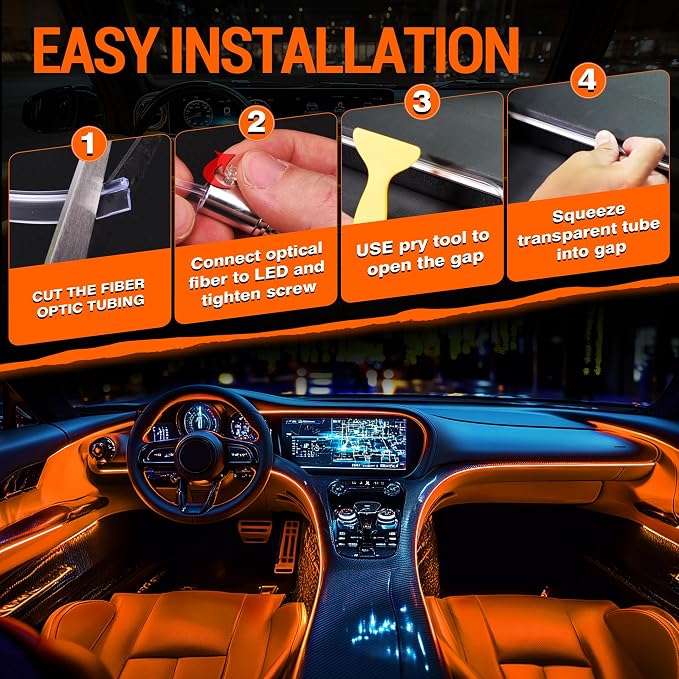 Interior Car LED Strip Lights, RGB 6-in-1 16 Million Colors Ambient Lighting Kit with 390 inches Fiber Optic Wireless APP & Remote Control Music Sync
