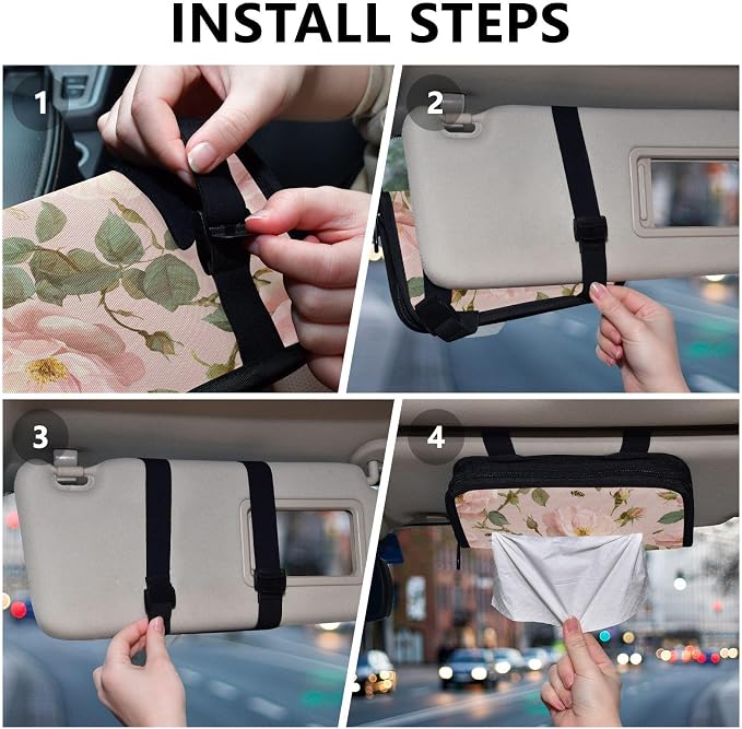Cute Pink Rose and Bees Car Tissue Holder Durable Napkin Holder Hanging Tissue Holders Case Car Tissues Bag for Sun Visor Seat Back Universal Auto