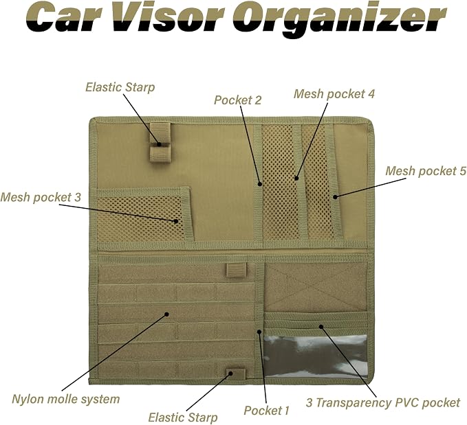 Tactical Visor Organizer, Car Visor Organizer, Sunvisor Organizers, Tactical Visors Cover Molle Webbing, Truck Accessories for Men, Car Sunshade Storage Pouch (Khaki)
