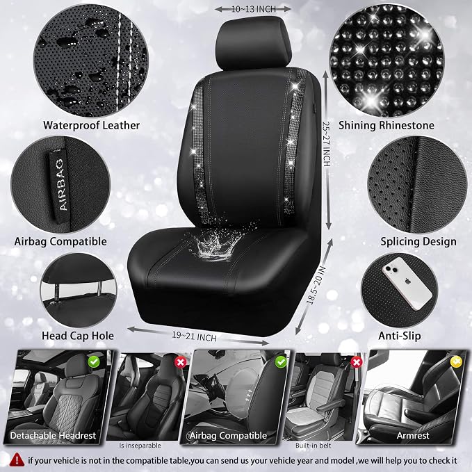 CAR PASS Leather Bling Diamond Car Seat Covers 2 Front Interior Sets, Waterproof Universal Shining Glitter Crystal Sparkle Fit for 95% Automotive Truck SUV Cute Women Girl, Black Rhinestone