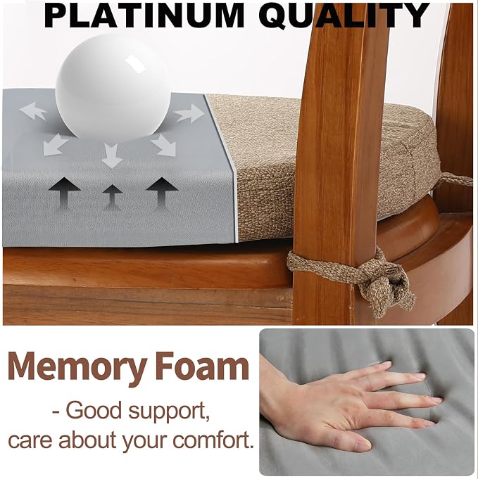 SINOSSO 1 Pack Memory Foam Chair Cushions for Dining Chair, Friendly Woven Fabric 16" U-Shape Comfortable Kitchen Chair Pad, Removable Slip Resistant Seat Cushion (1 Piece, Linen)