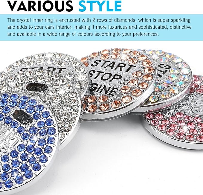 Crystal Rhinestone Car Engine Stop Decoration Ring Sticker, Sparkling Rhinestone Push Start Button Decorative Cover, Bling Interior Accessories for Women, Universal for Most Car (Blue)