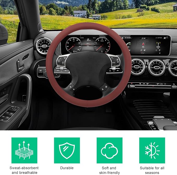 Car Steering Wheel Cover, 15" Breathable Leather Auto Wheel Protector with Comfortable Grip, Non-Slip Perforated Steering Wheel Protective Cover for SUV Truck Sedan Van (Red)