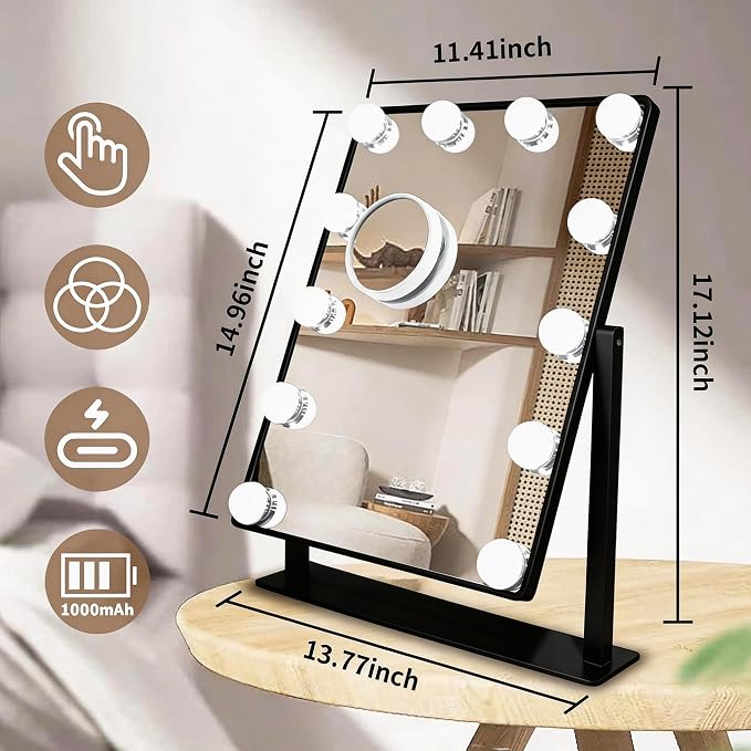 Makeup Vanity Mirror with LED Lights Makeup Mirror Detachable 10X Magnification, Hollywood Make Up Mirror with Lighting, Smart Touch, Rechargeable,360° Rotation, Black 17.12"x13.77"