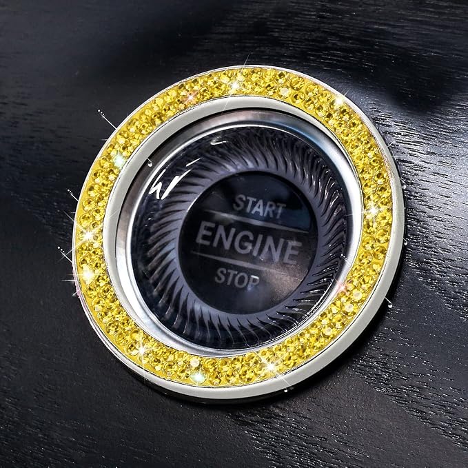 ToBeQueen Bling Car Crystal Rhinestone Ring Emblem Sticker, Car Interior Decoration, Bling Car Accessories for Women, Push to Start Button, Key Ignition Starter & Knob Ring Yellow