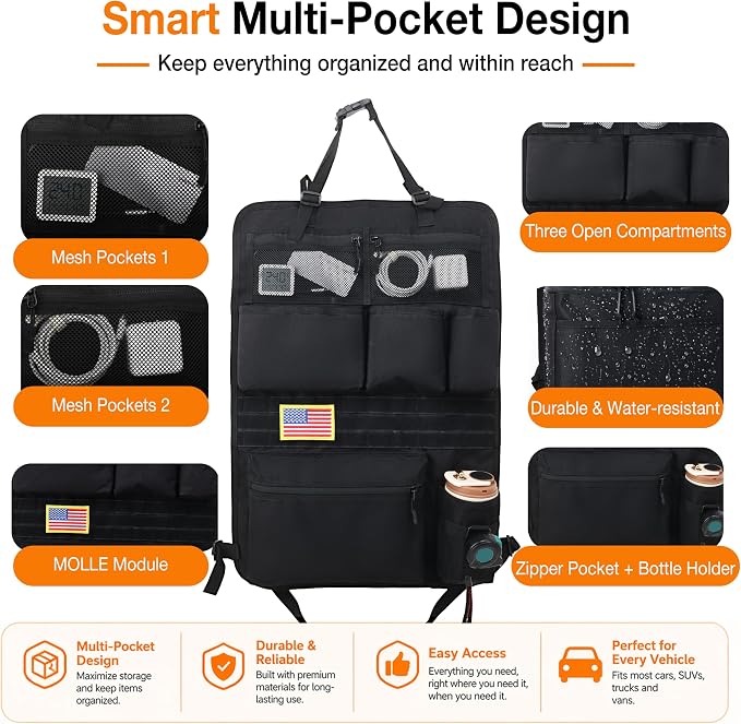 Tactical Car Seat Back Organizer with 7 Pockets and Zipper Pocket, MOLLE Seat Organizer with Hook & Loop Panel, Universal Fit for Car SUV Truck Jeep