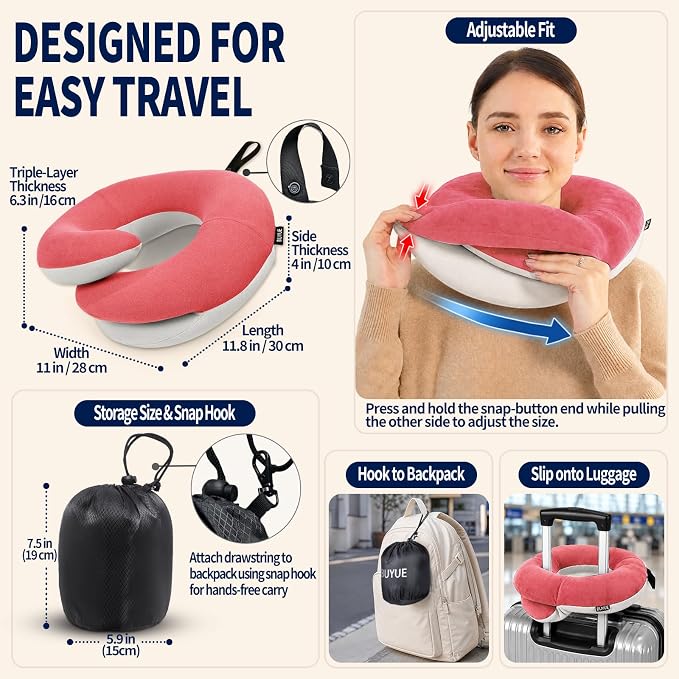 BUYUE Travel Neck Pillows for Airplanes, Memory Foam 360° Head Support Sleep for Long Flight, Skin-Friendly & Breathable, Kit with Eye Mask, Earplugs and Storage Bag (Adult, Pink, 90+ lbs)