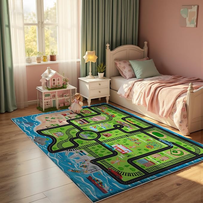 Nayoroom Kids Island Train Map Rug, Faux Wool Track Map, Non-Slip, 5 x 7 ft | Island map and train tracks; Rail-route play; Soft faux wool surface; Non-slip backing; Easy-care finish