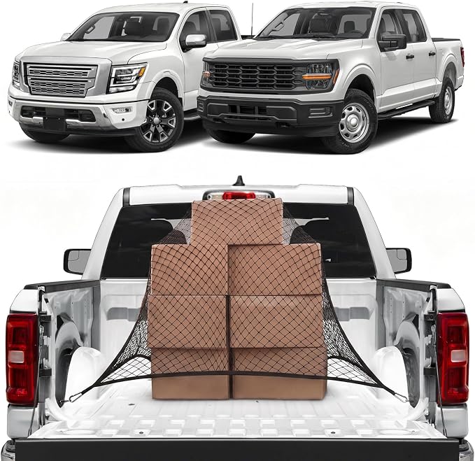 Cargo Net for Ford F150/F250/F350/F450 2015-2026, Nissan Titan 2016-2024 | Heavy Duty Truck Bed Organizer, Highly Elastic Tailgate Net with Carabiners, Weatherproof Mesh Cover with Attached Zipper Bag